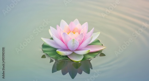 Pink lotus flower on water surface with green leaves