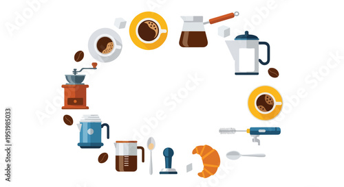 A circular arrangement of colorful vector icons illustrates coffee preparation tools, beverages, and accompaniments like grinders, pots, cups, and a croissant.