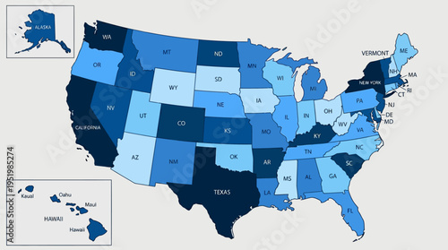 United States map with various shades of blue.