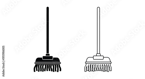 Two brooms depicted in contrasting styles a solid and an outline silhouette