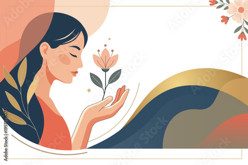 Aesthetic flat vector illustration of a serene woman holding a flower. Featuring abstract organic shapes and warm tones, perfect for wellness, beauty, and self-care concepts.