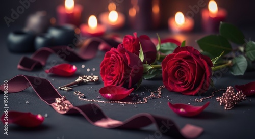 Romantic red roses with candles and jewelry on dark background