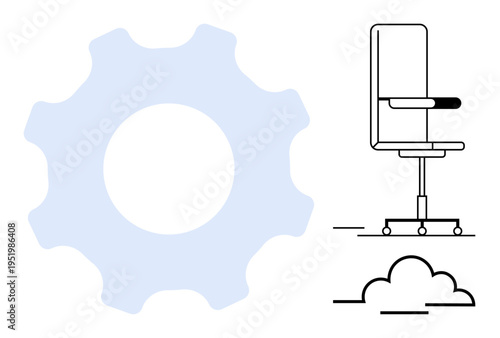 Workflow optimization, productivity, workplace design, efficiency tools, modern office, ergonomic setup. Minimalist design with office chair, gear and cloud elements. Workflow and productivity