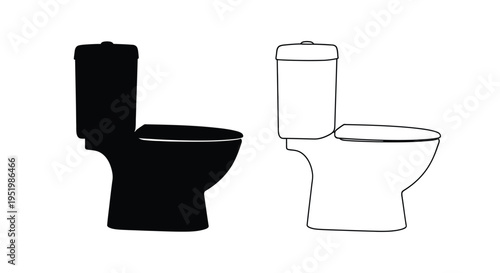 Two toilet illustrations one filled and one outlined a stark contrast silhouette