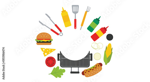 A vibrant, flat-design illustration showcases a circular assortment of barbecue food items, condiments, and grilling tools surrounding a central grill icon.