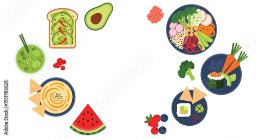 A vibrant vector illustration showcases a variety of healthy and fresh food items arranged decoratively around a central white space.
