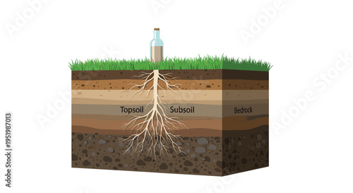 A cross-section of earth with labeled layers, green grass, and a bottle with roots extending through the soil is depicted on a white background.