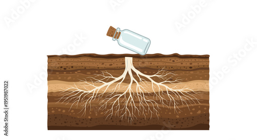 An empty glass bottle is partially embedded in layered soil, revealing an extensive white root system on a white background.