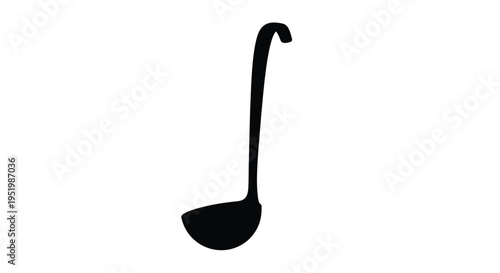 A simple black silhouette of a kitchen ladle against white background