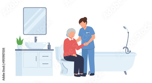 A caregiver is assisting an elderly woman on a toilet in a modern bathroom with a bathtub and a plant.