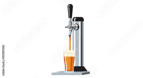 A silver beer tap with a black handle is pouring golden beer into a clear pint glass on a white background.
