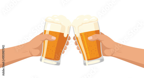 Two hands are holding and clinking glasses of golden beer against a plain white background.