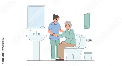 A nurse is assisting an elderly woman on a toilet in a clean, minimalist bathroom setting.