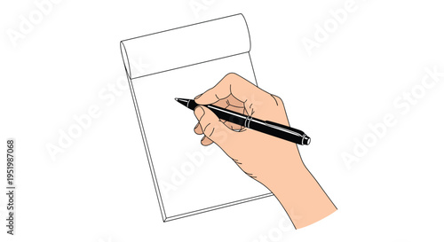 A light-skinned hand holds a black pen, actively writing on the blank top page of a white notepad with a spiral binding on a clean white background.
