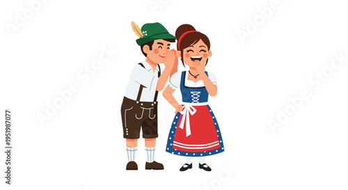 A man in Bavarian lederhosen whispers a secret into the ear of a laughing woman in a blue and red dirndl on a plain white background.