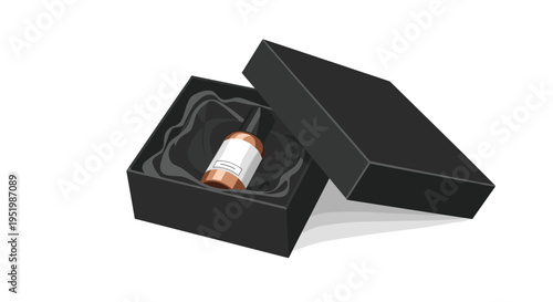 An open black gift box with dark satin lining contains a small amber dropper bottle with a white label, resting on a white background.