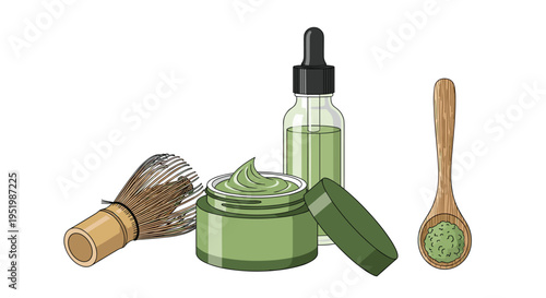 Matcha skincare products including a bamboo whisk, green cream, a dropper bottle, and a wooden spoon with powder are displayed.