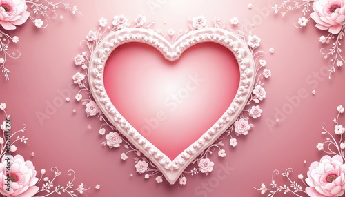 Pink heart shape frame with delicate floral accents. Decorative border features small blossoms and leaves on soft pastel background. Empty space for text or image.