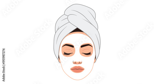 A woman's face with a white facial mask and a towel turban is depicted on a white background.
