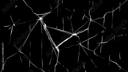 Triangular hole with cavity and white thin lines on black screen. Stock animation of drawing destruction in 4K resolution.