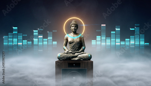 Statue of a seated figure with sound waves behind it in a dark space during the night