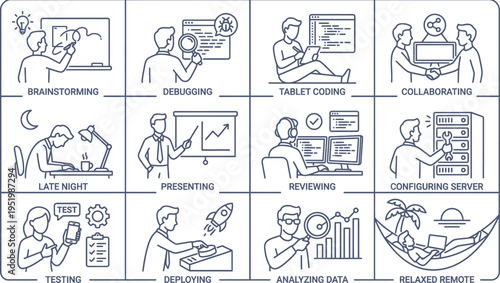 Modern line art icons illustrating key software development, IT operations, and business workflow tasks.