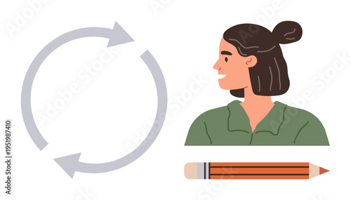 Workflow, creativity, education, planning, brainstorming, recycling concepts. Two arrows forming a circle, a woman looking sideways and an orange pencil. Workflow and creativity concept