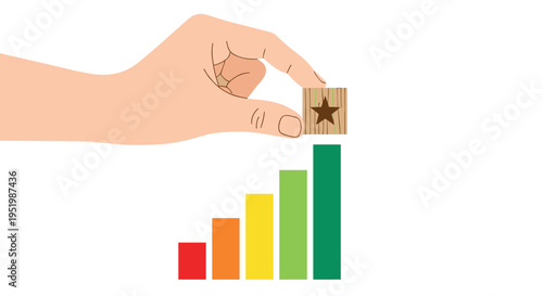 A hand is placing a star-emblazoned wooden block onto the tallest green bar of a colorful ascending bar chart.