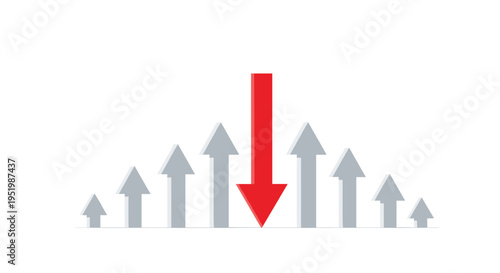 A central red arrow points downwards, surrounded by eight gray arrows pointing upwards on a white background.