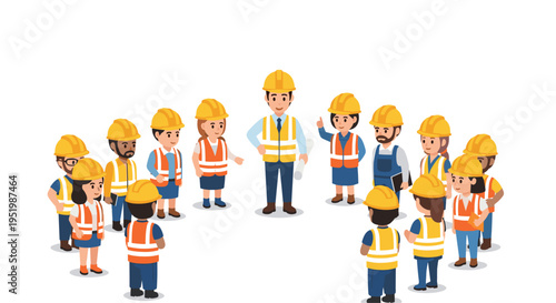 A diverse group of twelve construction workers in hard hats and safety vests stands in a circle for a meeting.