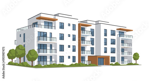 A multi-story modern apartment building with many balconies and green landscaping stands on a white background.