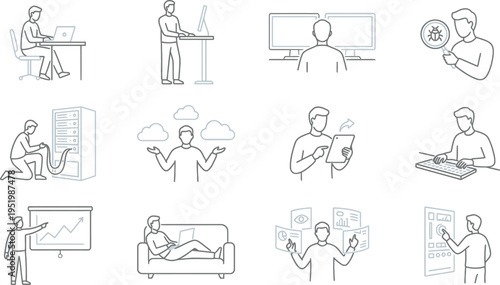 Collection of line art icons depicting various modern technology tasks and digital workflows.