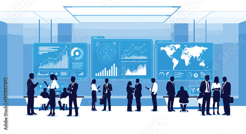 A large group of business professionals are gathered in a control room with three huge screens displaying data and a world map.