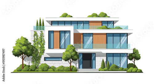 A luxurious two-story modern house with flat roofs and extensive green landscaping stands on a white background.