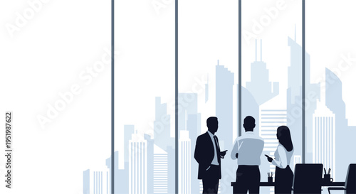 Three silhouetted business people converse near a large glass window overlooking a faint light blue cityscape.