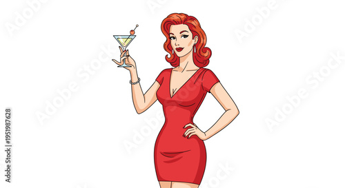 A confident redhead woman in a form-fitting red dress holds a martini glass with a cherry, looking directly at the viewer.