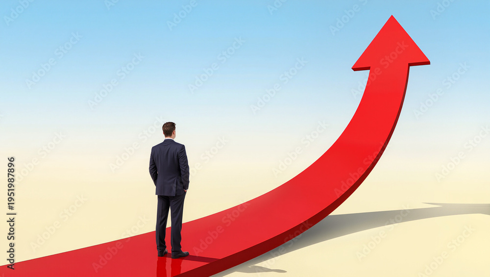 Fototapeta premium Businessman Looking at Upward Red Arrow on Horizon