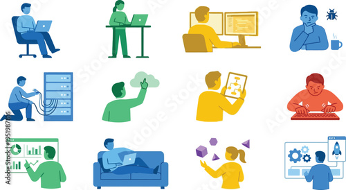 Collection of diverse software developers and IT professionals engaged in various technical tasks illustrations.
