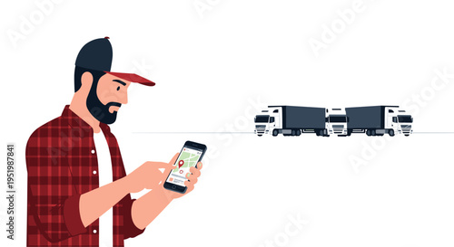 A bearded man in a plaid shirt looks at a navigation app on his smartphone with three semi-trucks in the background.