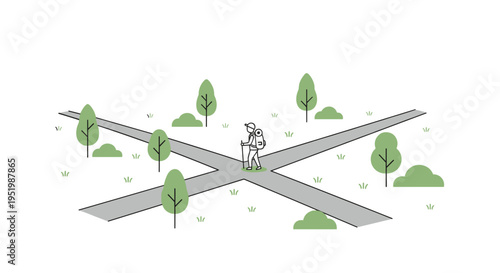 A lone hiker with a backpack stands at a crossroads of two grey paths in a sparse green landscape.