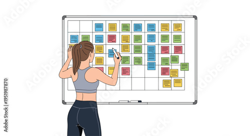 A woman in athletic wear writes with a white marker on a large whiteboard covered with colorful sticky notes.