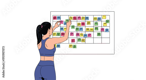 A woman in athletic wear places a colorful sticky note onto a large whiteboard filled with other notes.