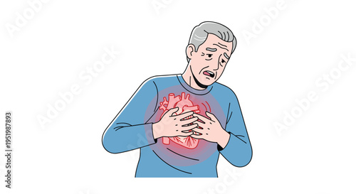 An older man with grey hair grimaces in pain while clutching his chest where a glowing red anatomical heart is visible.