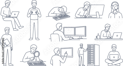 Collection of stylized line art icons depicting various office workers and technology usage scenarios