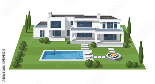 An isometric illustration features a modern white house with a swimming pool and fire pit on a green lawn.
