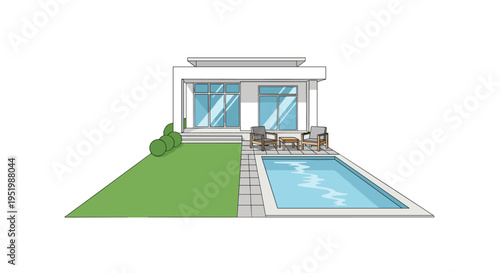 A minimalist modern house with large windows, a swimming pool, and a green lawn is depicted on a white background.