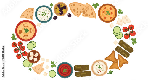 An oval-shaped arrangement of Mediterranean and Middle Eastern appetizers and dips, like hummus, baba ghanoush, olives, and dolmades, on a white background.