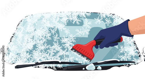 A gloved hand uses a red ice scraper to clear a car's windshield covered in snow and intricate snowflake patterns.