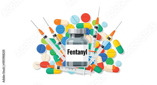 A clear glass vial labeled Fentanyl is nestled within a large, dense pile of assorted colorful pills and capsules, with multiple syringes pointing outwards.