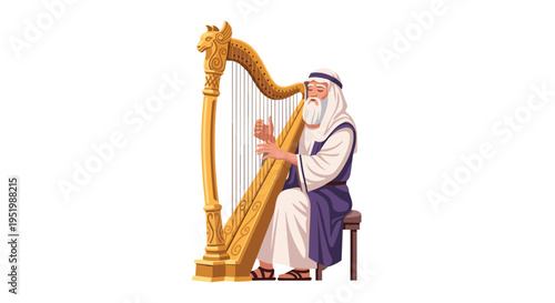 An old man with a white beard sits on a stool, playing a golden harp with a ram's head carving on a white background.